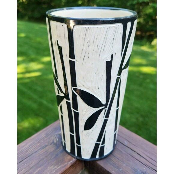 Jennifer Falter Pottery Bamboo Cylinder Vase Boho Chic Folk Art Missouri Artist - Picture 1 of 6